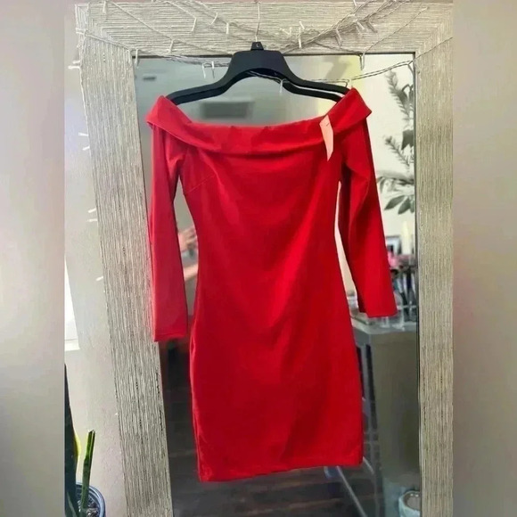 POPILUSH Shapewear Dress Off Shoulder Long Sleeve Midi - Holiday Red - Picture 7 of 9